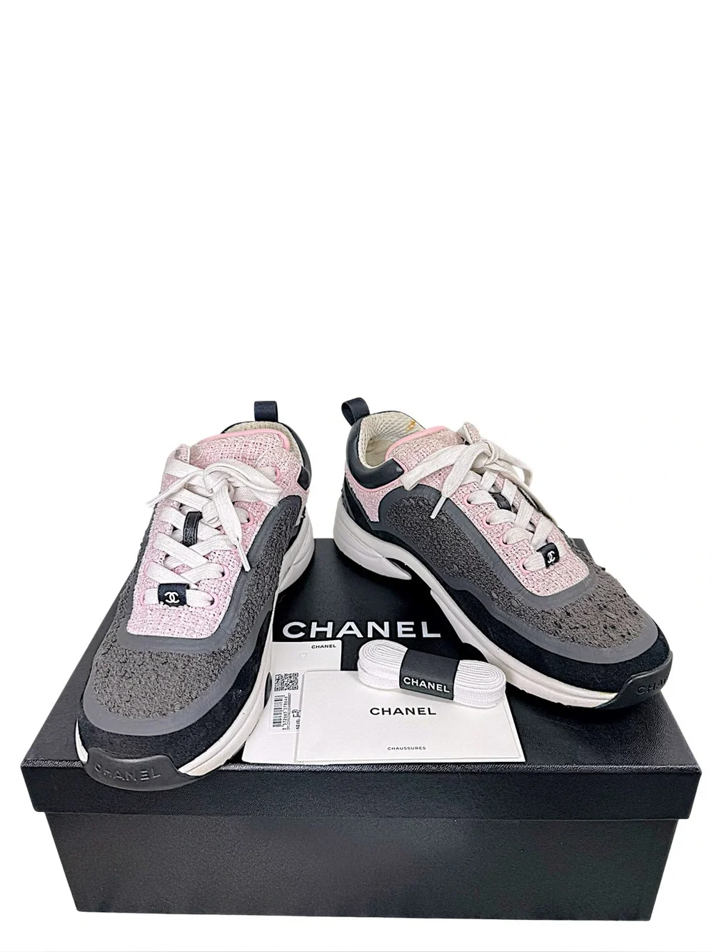 Chanel 2021 Pink Grey Tweed CC Sneakers 37.5